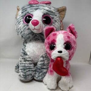 Ty Beanie Boo Kiki Cat Romeo Dog Valentine Heart Plush Stuffed Animal Set Toy